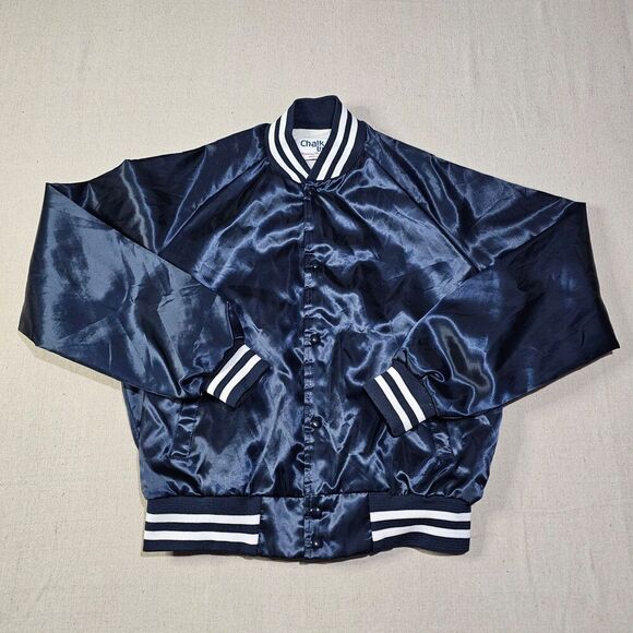 VINTAGE CHALK LINE SATIN JACKET Made In USA Navy Blue Snap Button Size Medium so - Picture 1 of 6